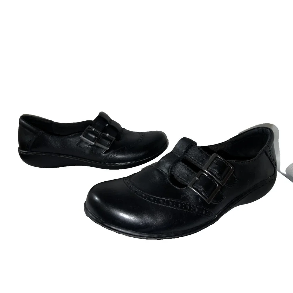 Clarks Bendables Black Leather Double Buckle Mary Jane Brogue Shoes Womens 9.5M